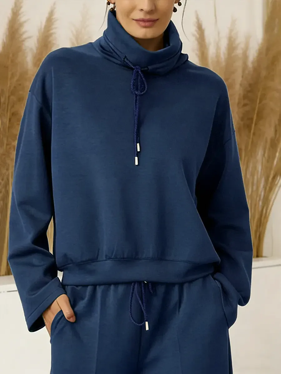 2026 Women's Solid Color High-neck Drawstring Long-sleeve Casual Loose-fitting Sweatshirt 2-piece Set