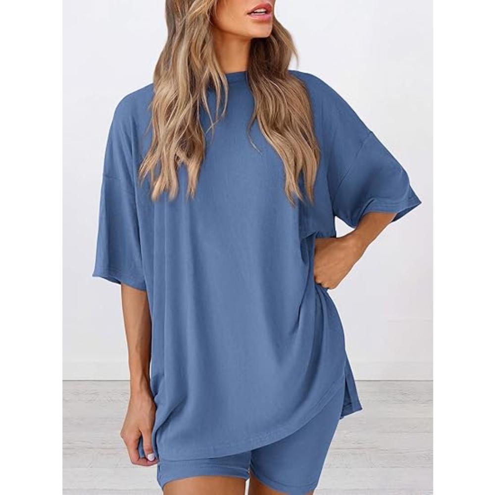 PRETTYGARDEN Women 2 Piece Lounge Set Summer Casual Oversized Shirts Biker Shorts Matching Airport Travel Outfit Clothes