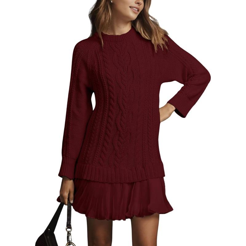 Women Cable Knit Sweater Dress Crewneck Long Sleeve Pleated Mini Dress Twofer Style Patchwork Dress