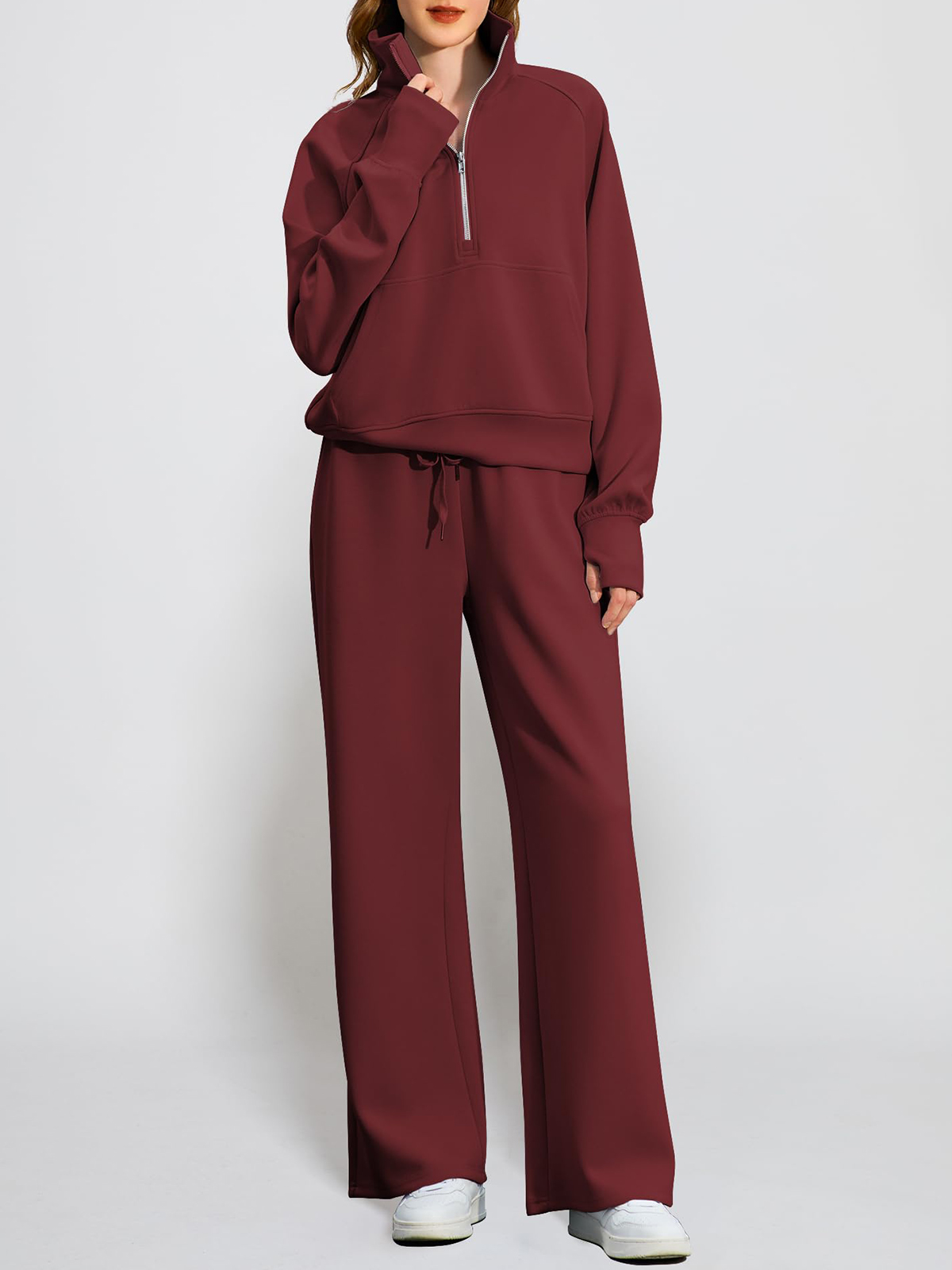 🔥Women's pure cotton loose-fitting half-zip two-piece sportswear set（Free delivery）