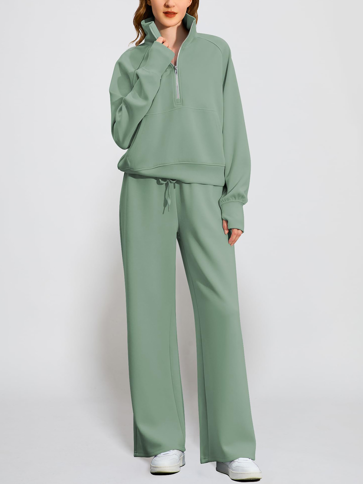 🔥Women's pure cotton loose-fitting half-zip two-piece sportswear set（Free delivery）