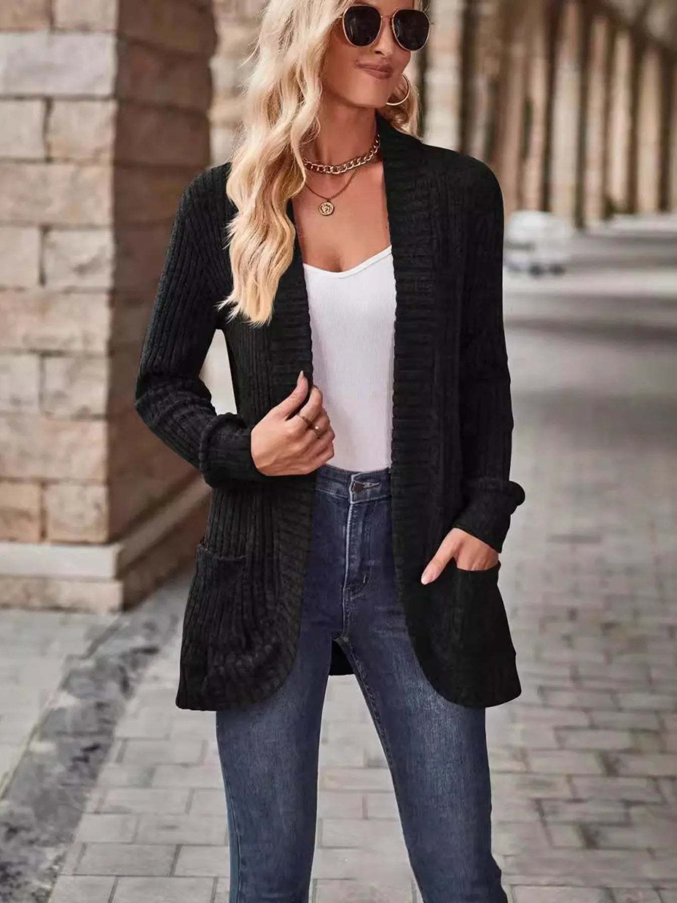 CLEARANCE🔥Ribbed Open Front Long Cardigan with Pockets