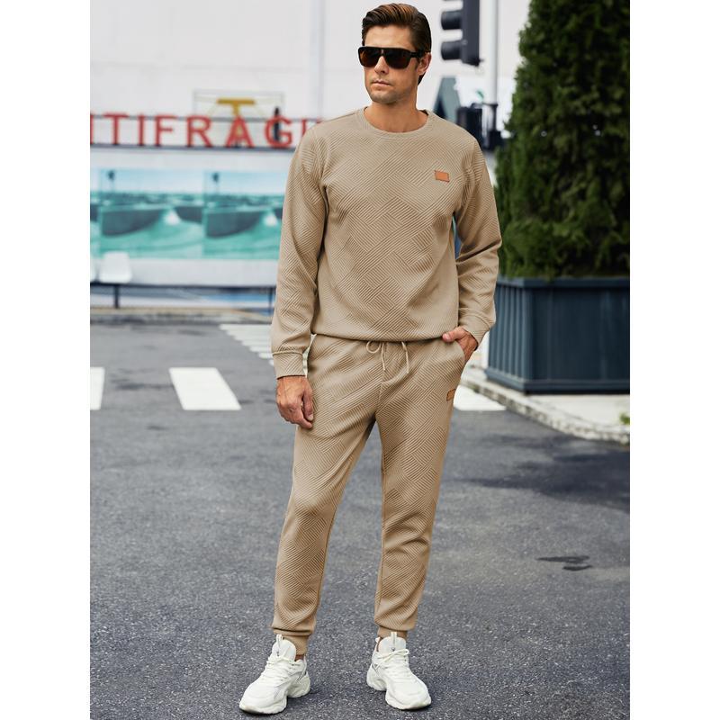🎁LAST DAY 49% OFF🎁Men's  2 Piece Sweatsuits Outfits Casual Crewneck Jacquard Sweatshirt Joggers Sweatpants Set