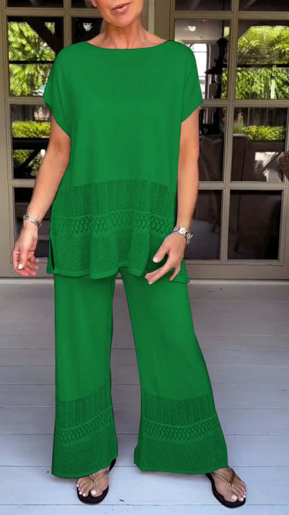Women's round neck short sleeve hollow design two-piece suit