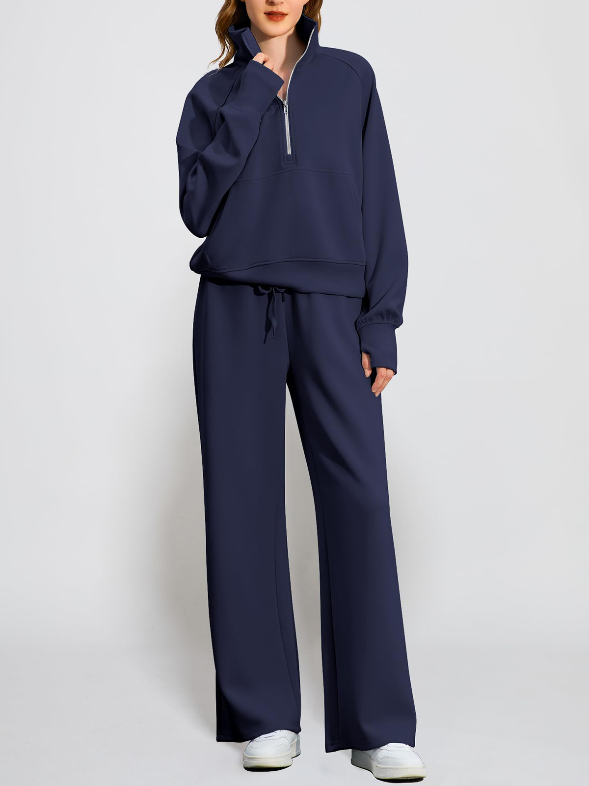 🔥Women's pure cotton loose-fitting half-zip two-piece sportswear set（Free delivery）