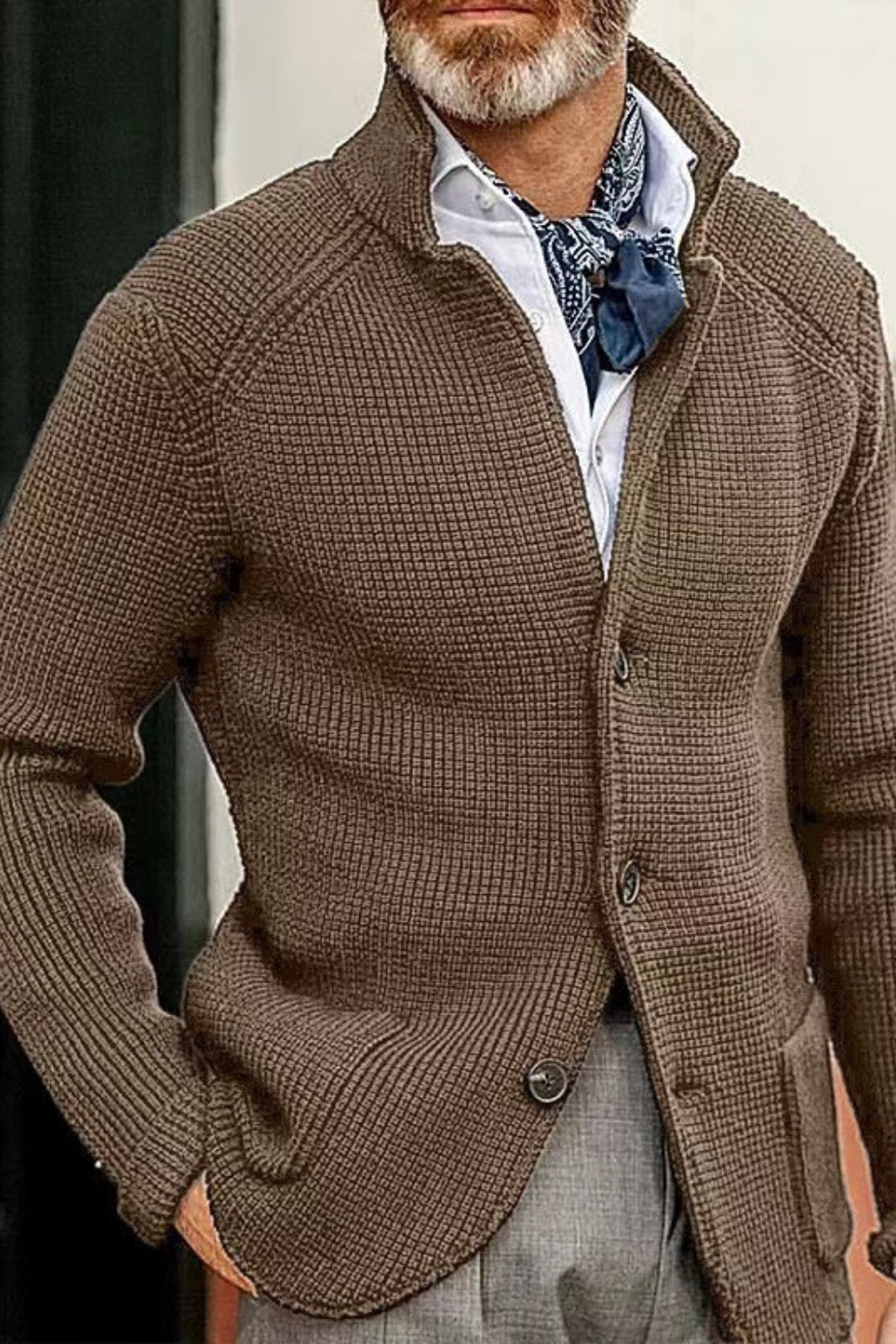 Stand Collar Knitted Coat Long Sleeve  Solid Color Thick Warm Casual Men's Outerwear