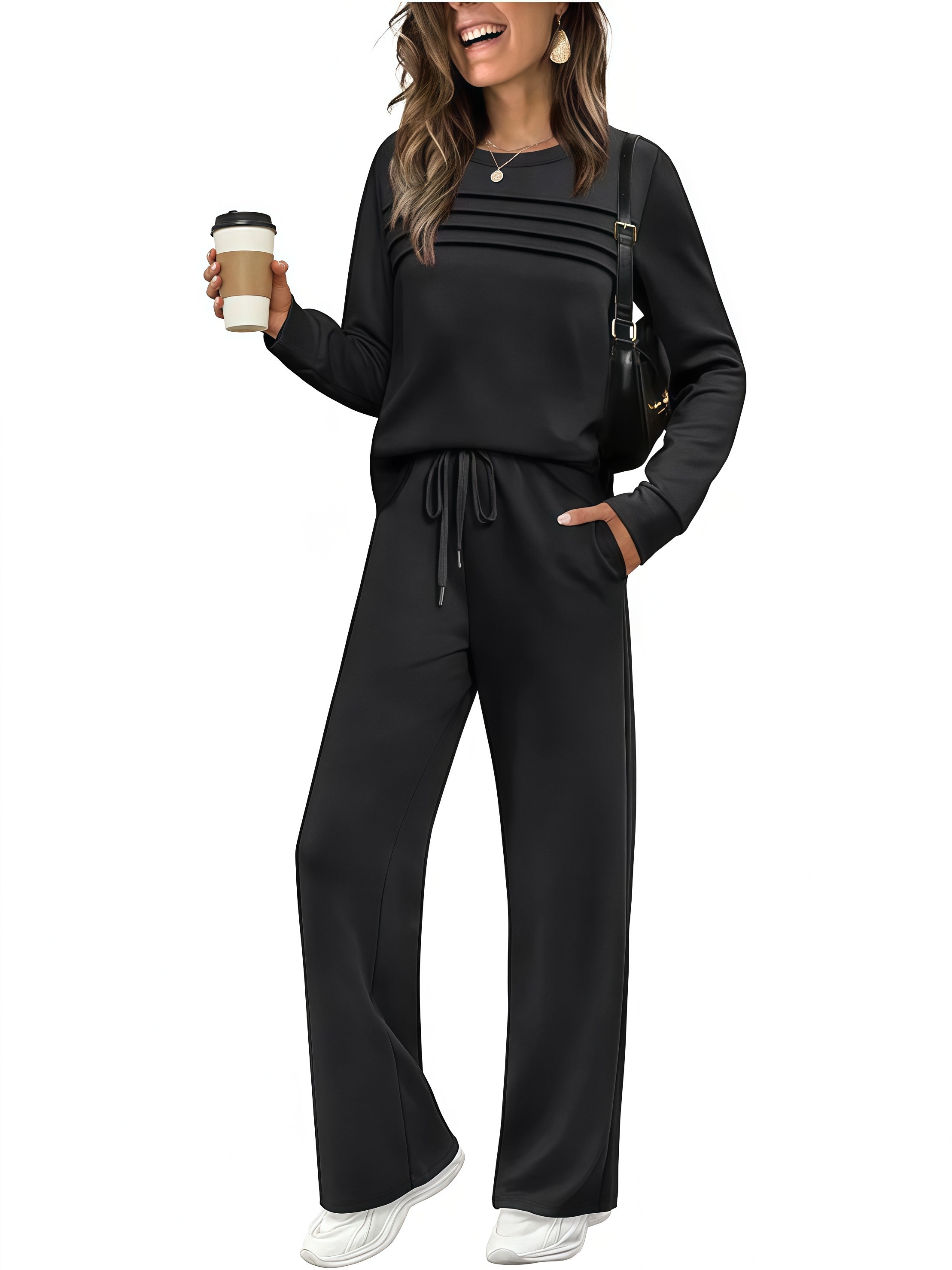 Black crew neck sweatshirt and wide-leg pants set, front view