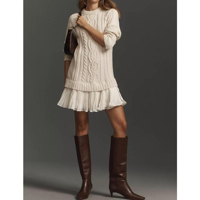 Women Cable Knit Sweater Dress Crewneck Long Sleeve Pleated Mini Dress Twofer Style Patchwork Dress