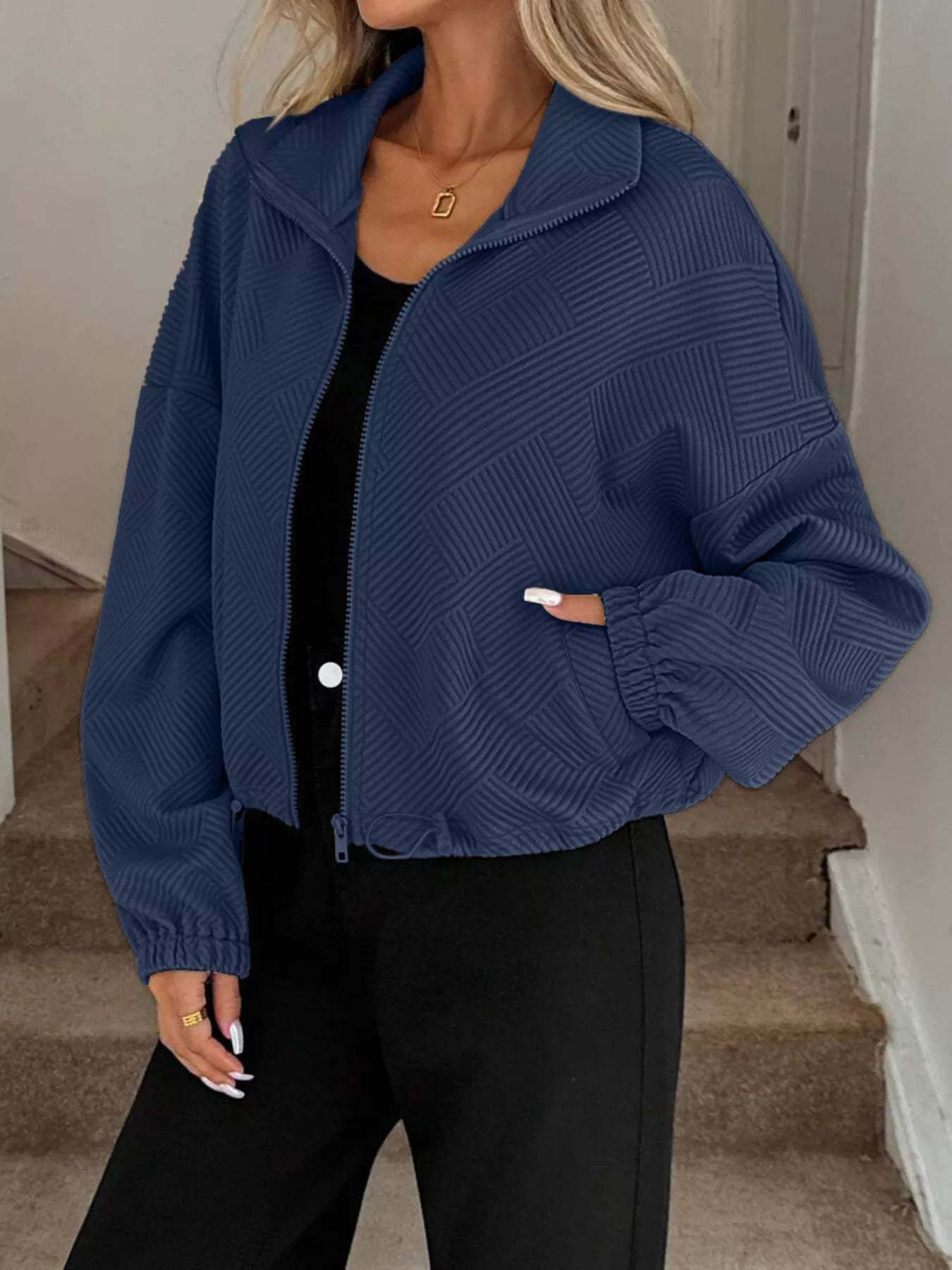 Drawstring Hem Textured Long Sleeve Jacket