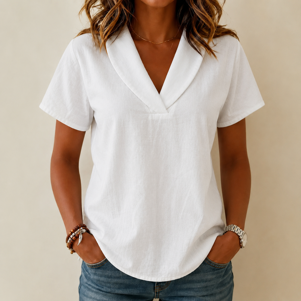 Women's textured shawl V-neck summer tee, loose fit