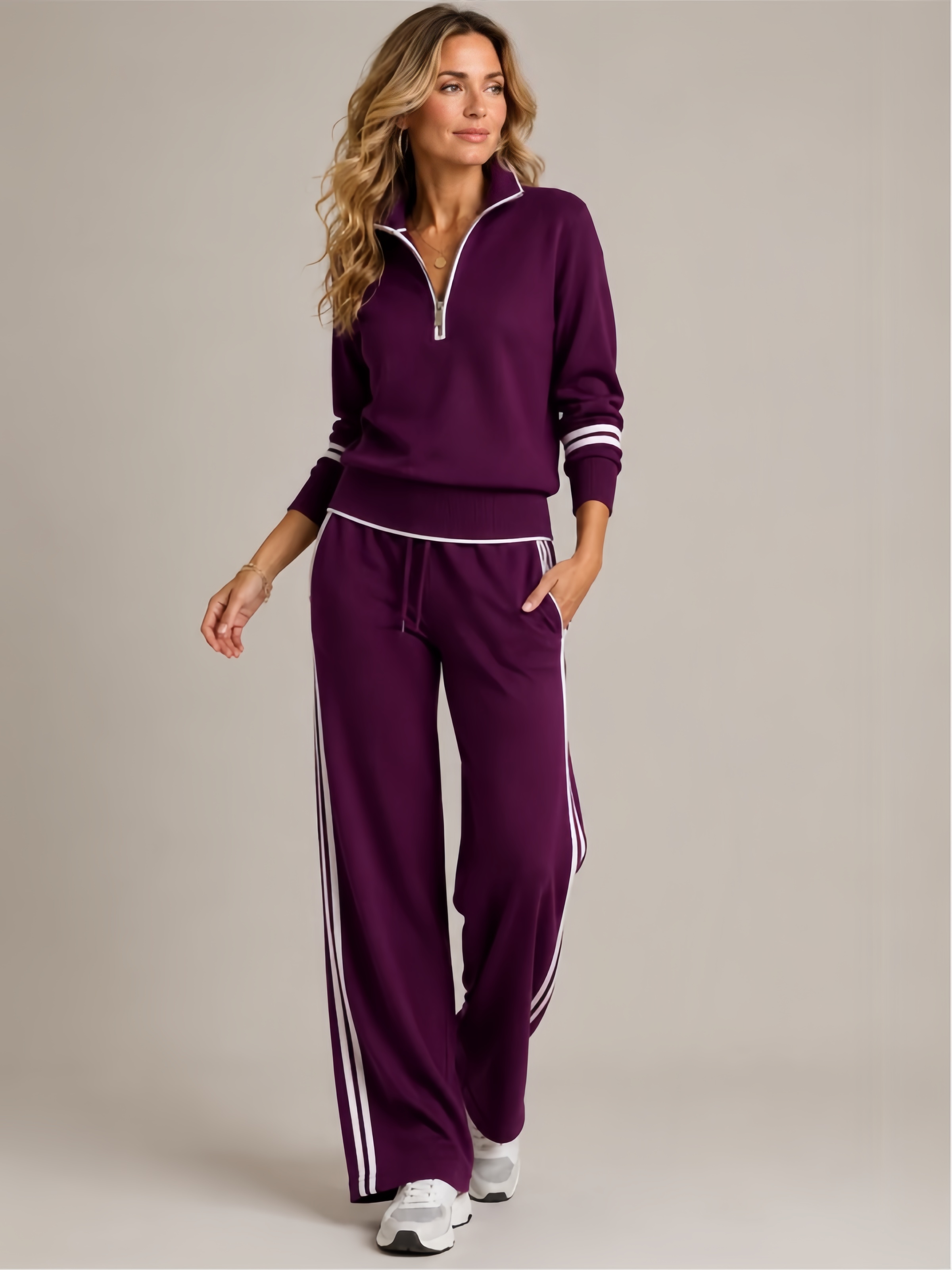 Women's Half Zip Lounge Set – Relaxed Two-Piece Wide Leg Tracksuit