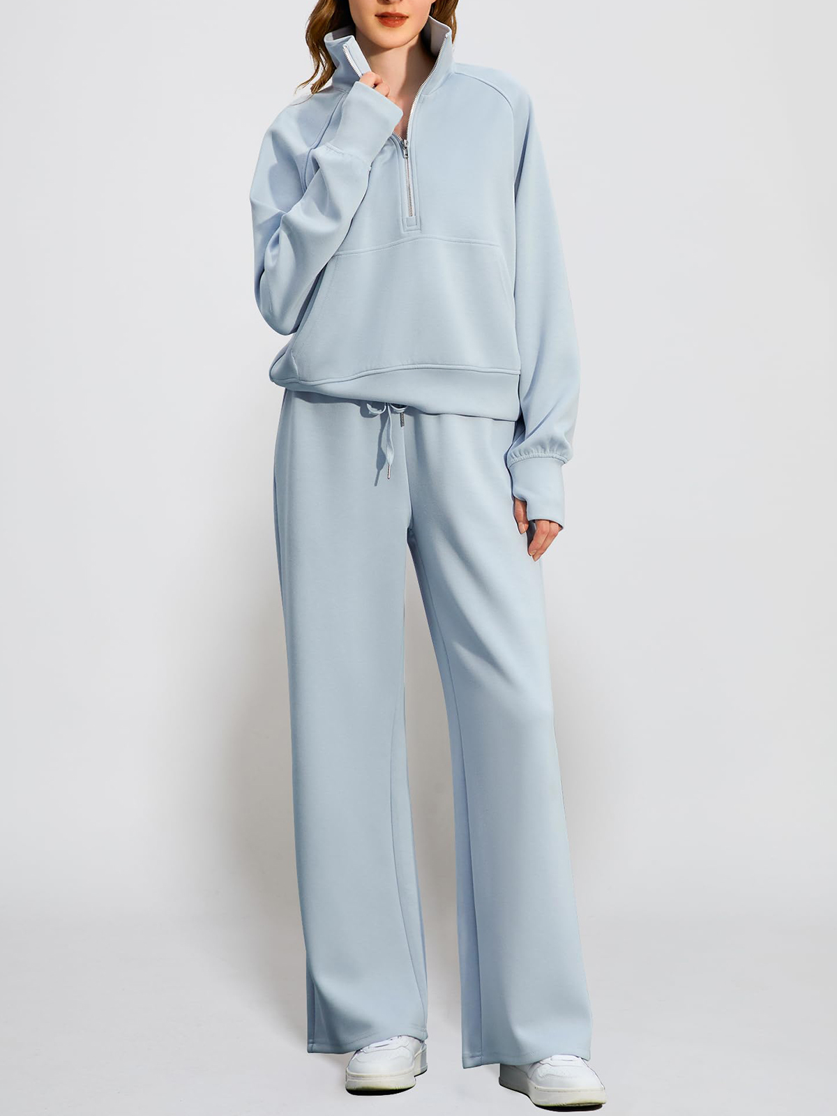 🔥Women's pure cotton loose-fitting half-zip two-piece sportswear set（Free delivery）