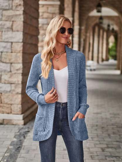 CLEARANCE🔥Ribbed Open Front Long Cardigan with Pockets