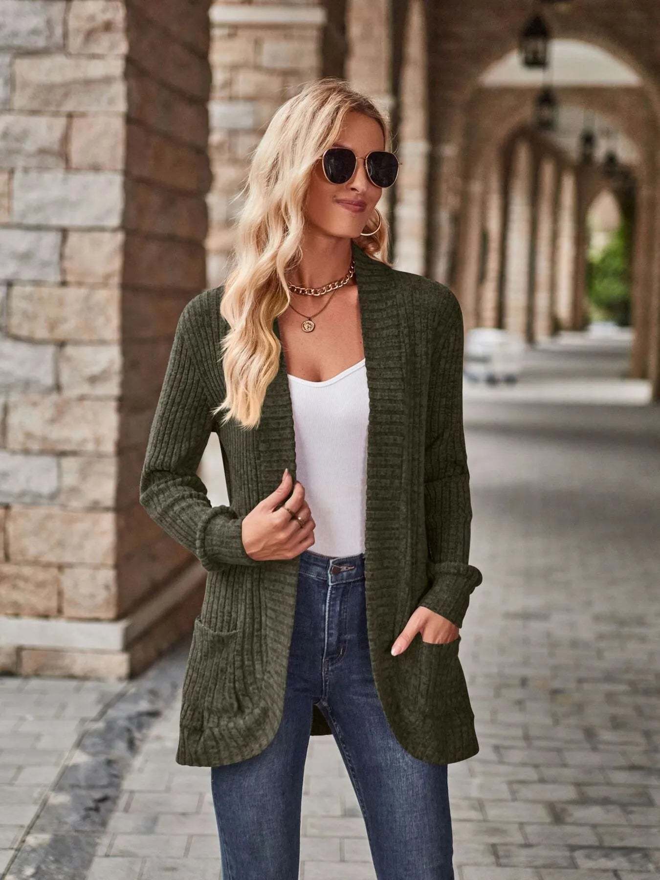 CLEARANCE🔥Ribbed Open Front Long Cardigan with Pockets