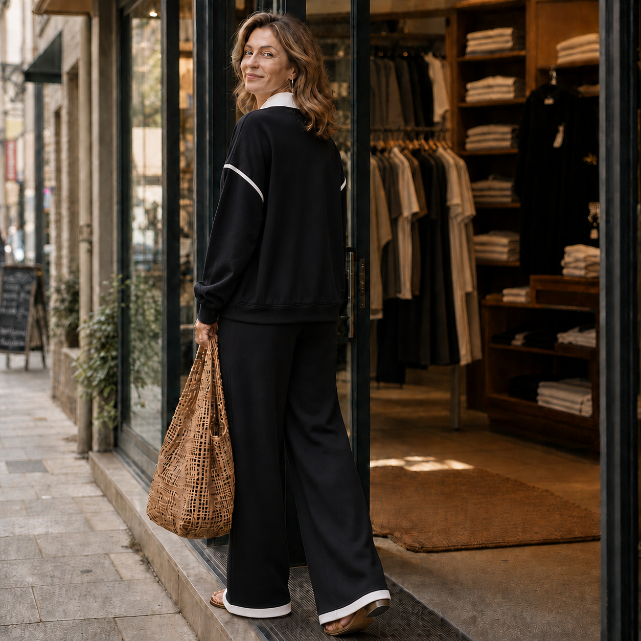 Wearbella-Striped Patchwork Sweater And Wide-Leg Pants Set