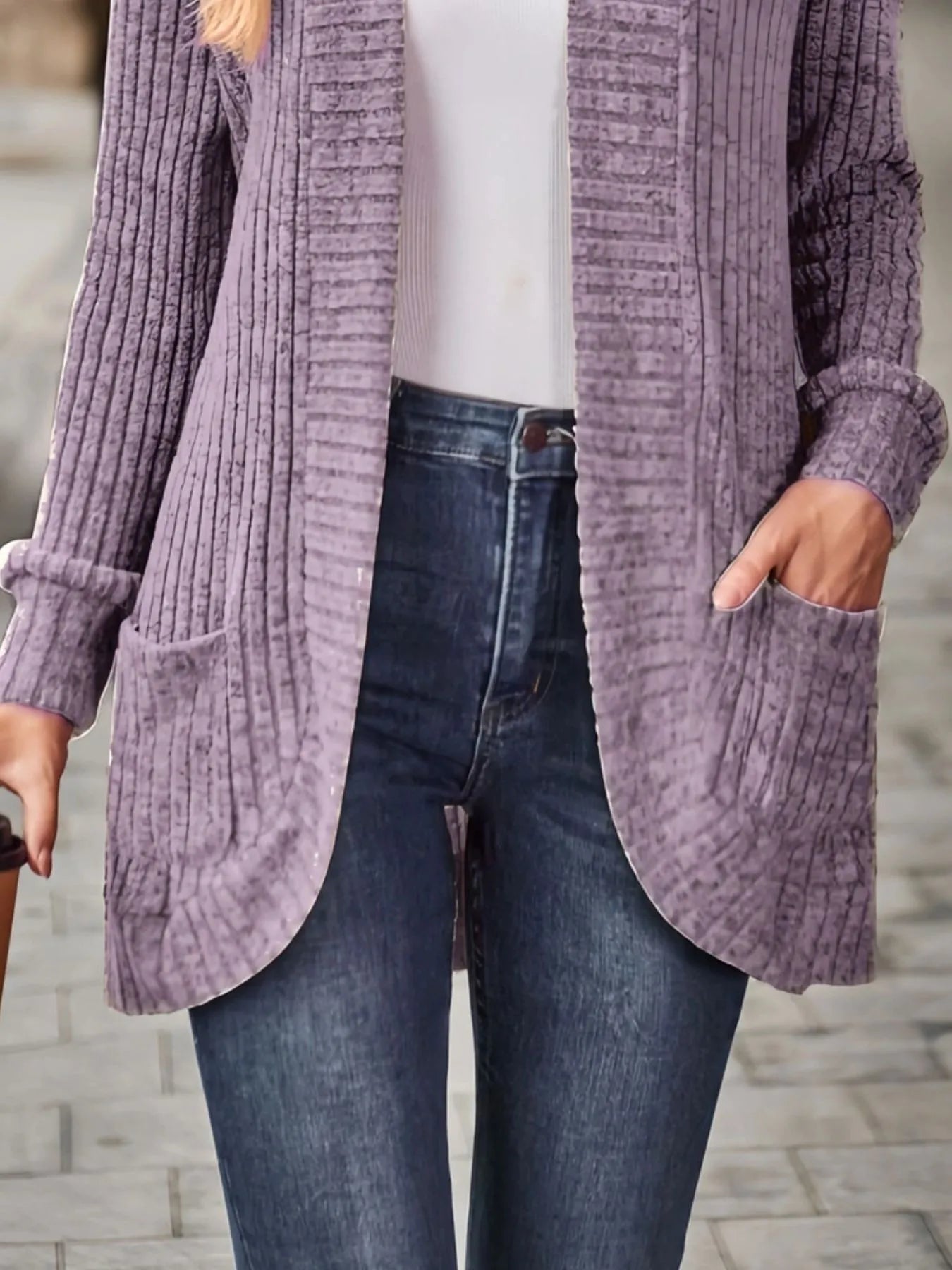 CLEARANCE🔥Ribbed Open Front Long Cardigan with Pockets