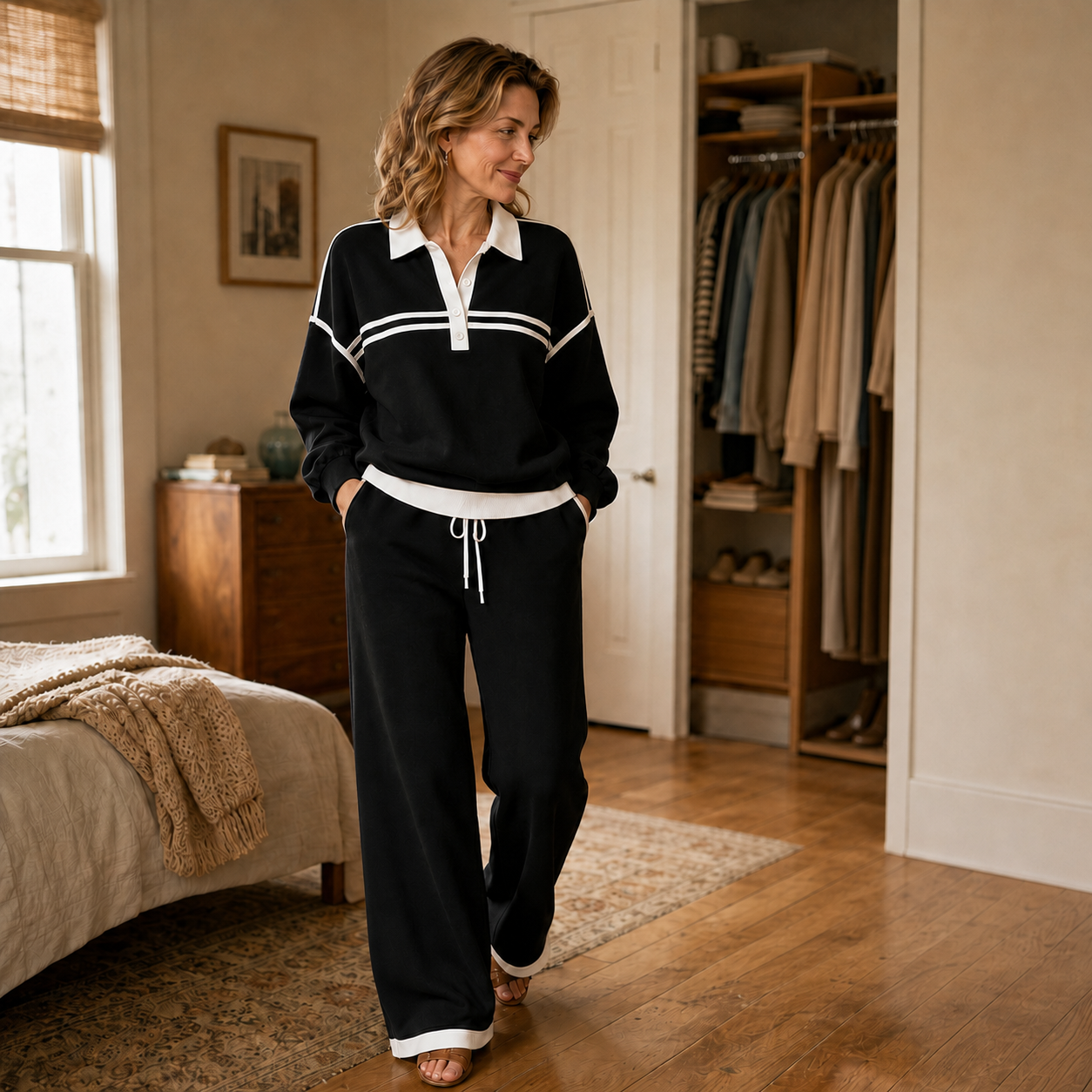 Wearbella-Striped Patchwork Sweater And Wide-Leg Pants Set