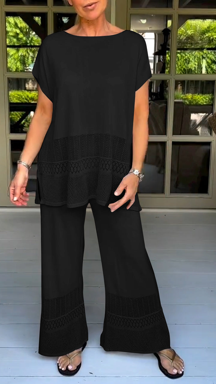 Women's round neck short sleeve hollow design two-piece suit