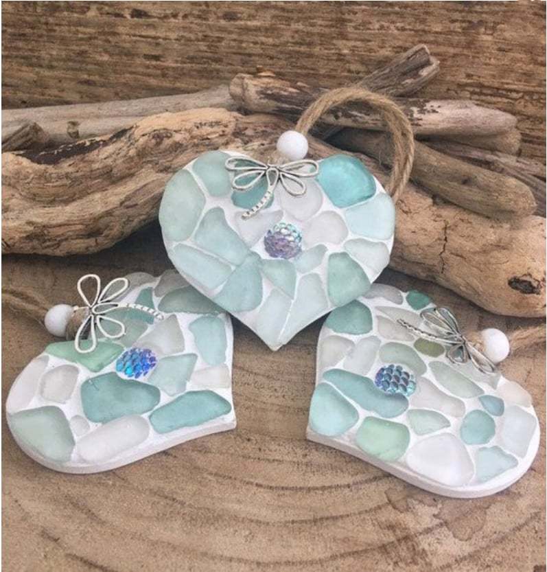🌊Transforming Ocean Treasures into Eco-Friendly Art -Small Sea Glass Mosaic Hanging Heart