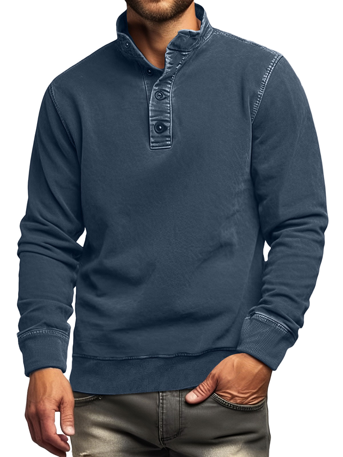 Men's Retro Casual Stand Collar Button Solid Color Sweatshirt