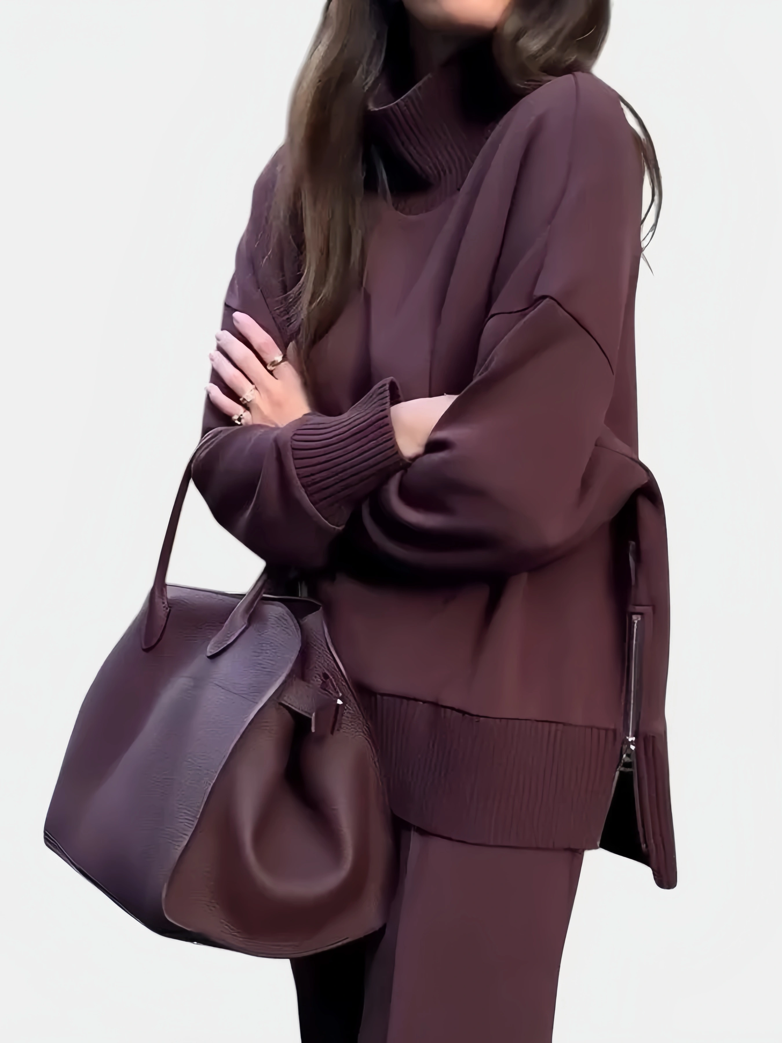 Close-up of the side zip and brushed knit texture, burgundy