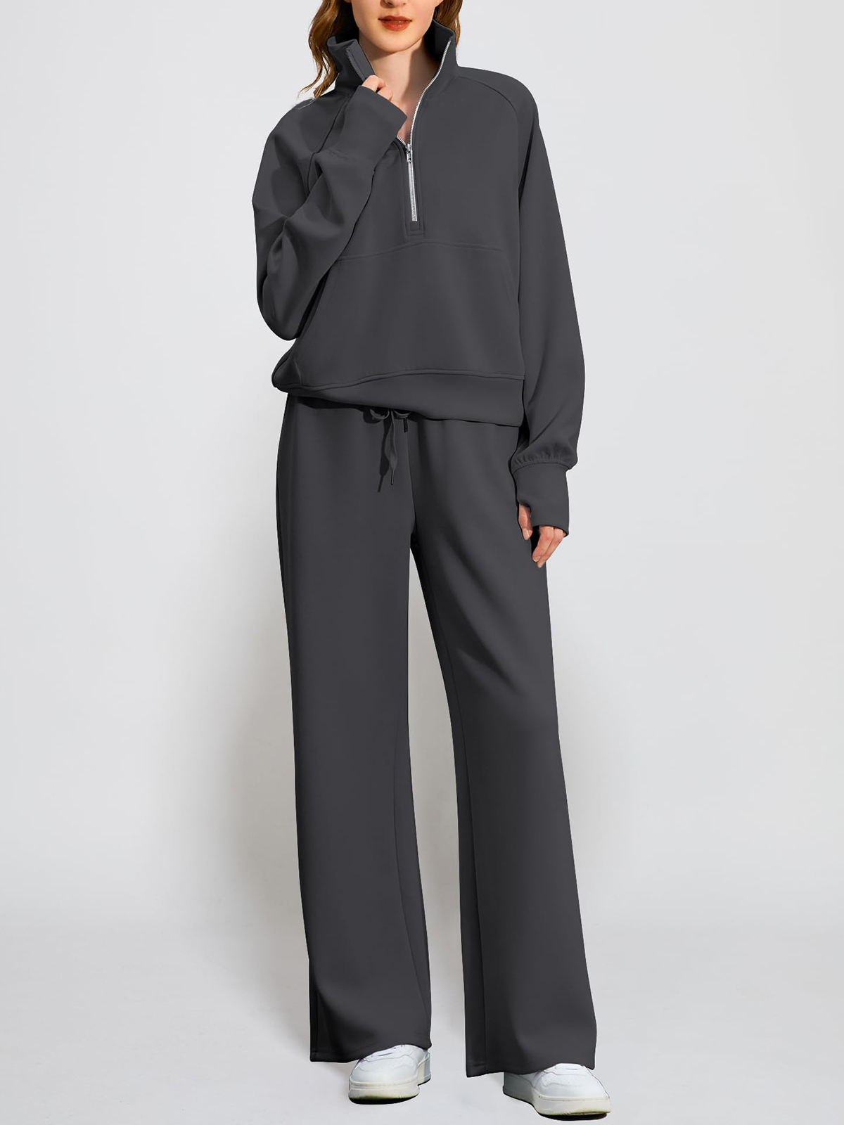🔥Women's pure cotton loose-fitting half-zip two-piece sportswear set（Free delivery）