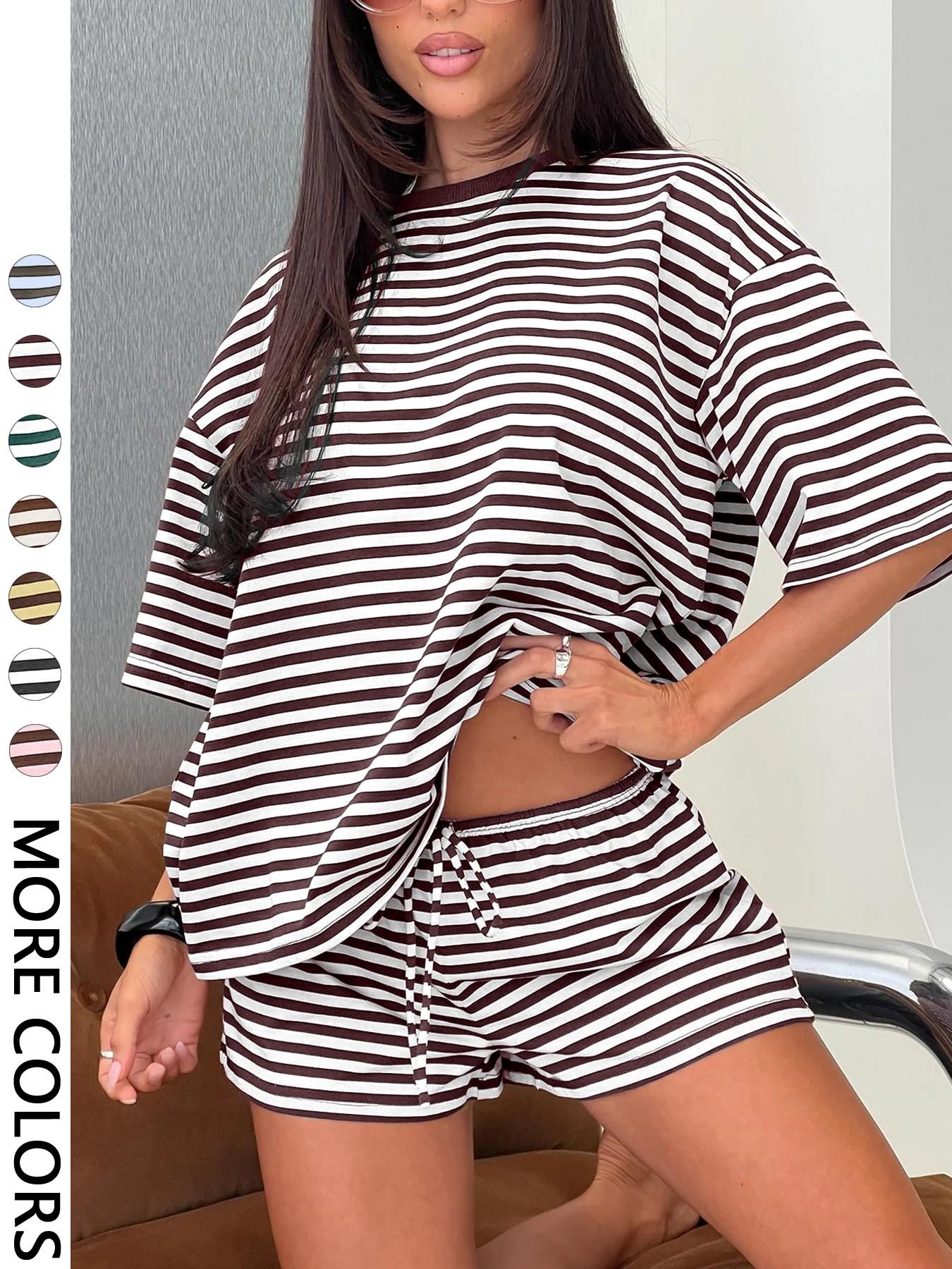2 Spring Summer Stripe Print 2 Piece Outfit Women Clothes | Oversized T-Shirt + Drawstring Shorts | Soft Casual Lounge Set | Y2K Clean Girl Style for Daily Home Vacation Wear 2 Spring Summer Stripe Print 2 Piece Outfit Women Clothes | Oversized T-Shirt + Drawstring Shorts | Soft Casual Lounge Set | Y2K Clean Girl Style for Daily Home Vacation Wear
