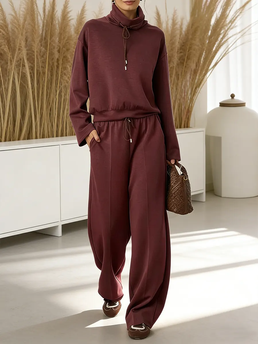 2026 Women's Solid Color High-neck Drawstring Long-sleeve Casual Loose-fitting Sweatshirt 2-piece Set
