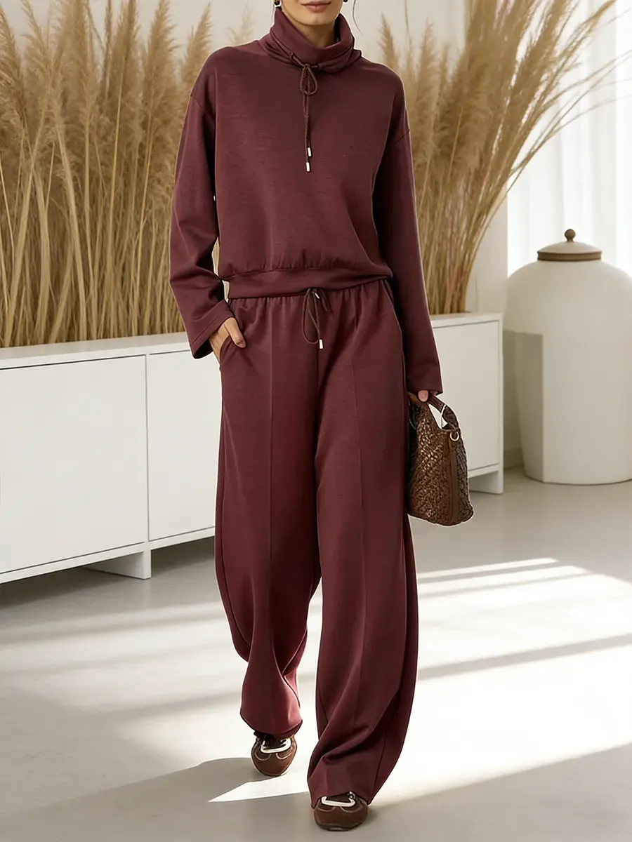 2026 Women's Solid Color High-neck Drawstring Long-sleeve Casual Loose-fitting Sweatshirt 2-piece Set