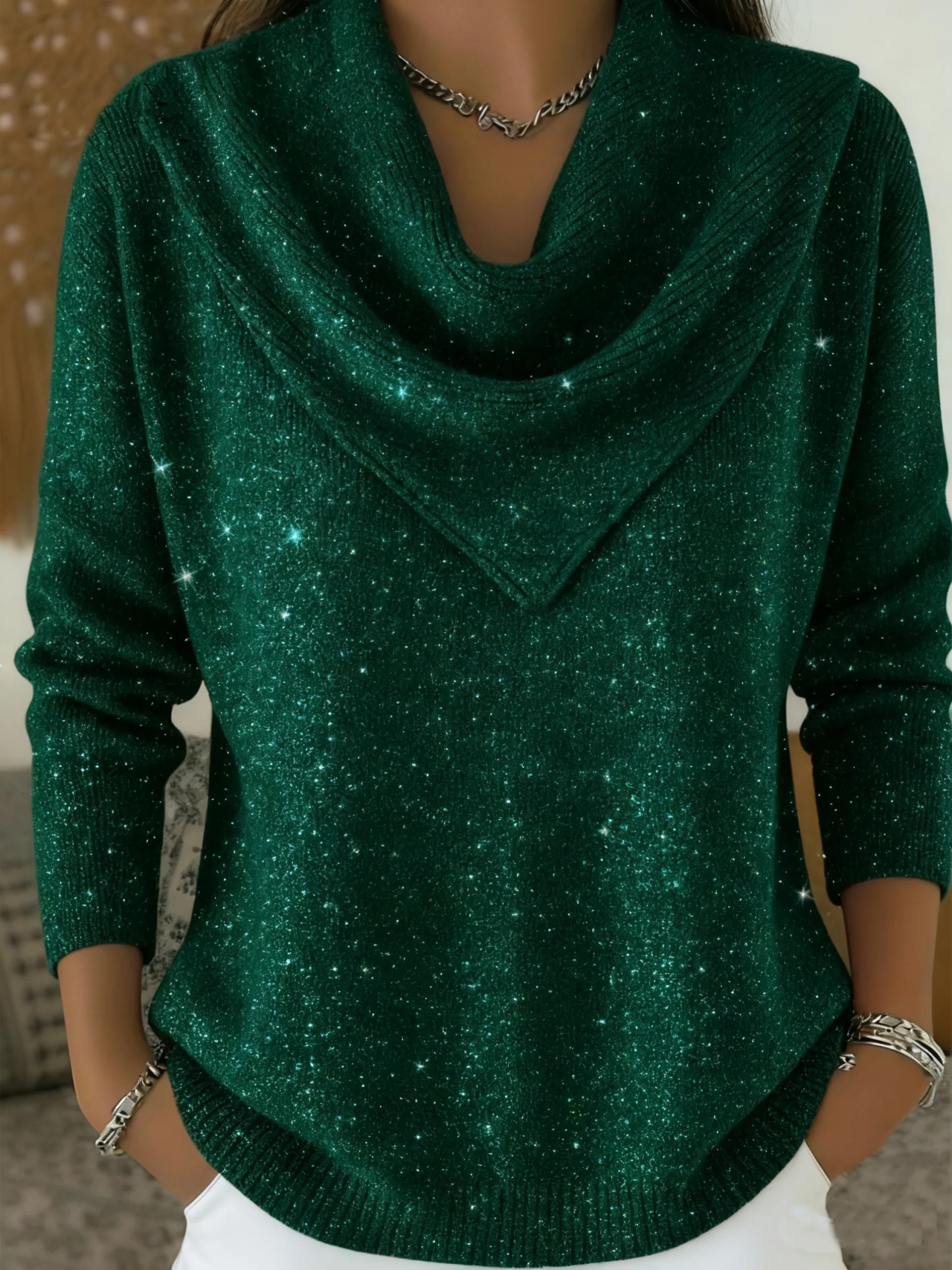 ⏰ LAST DAY 💥 Vintage Soft Triangle Neck Sequined Shiny Sweater Top