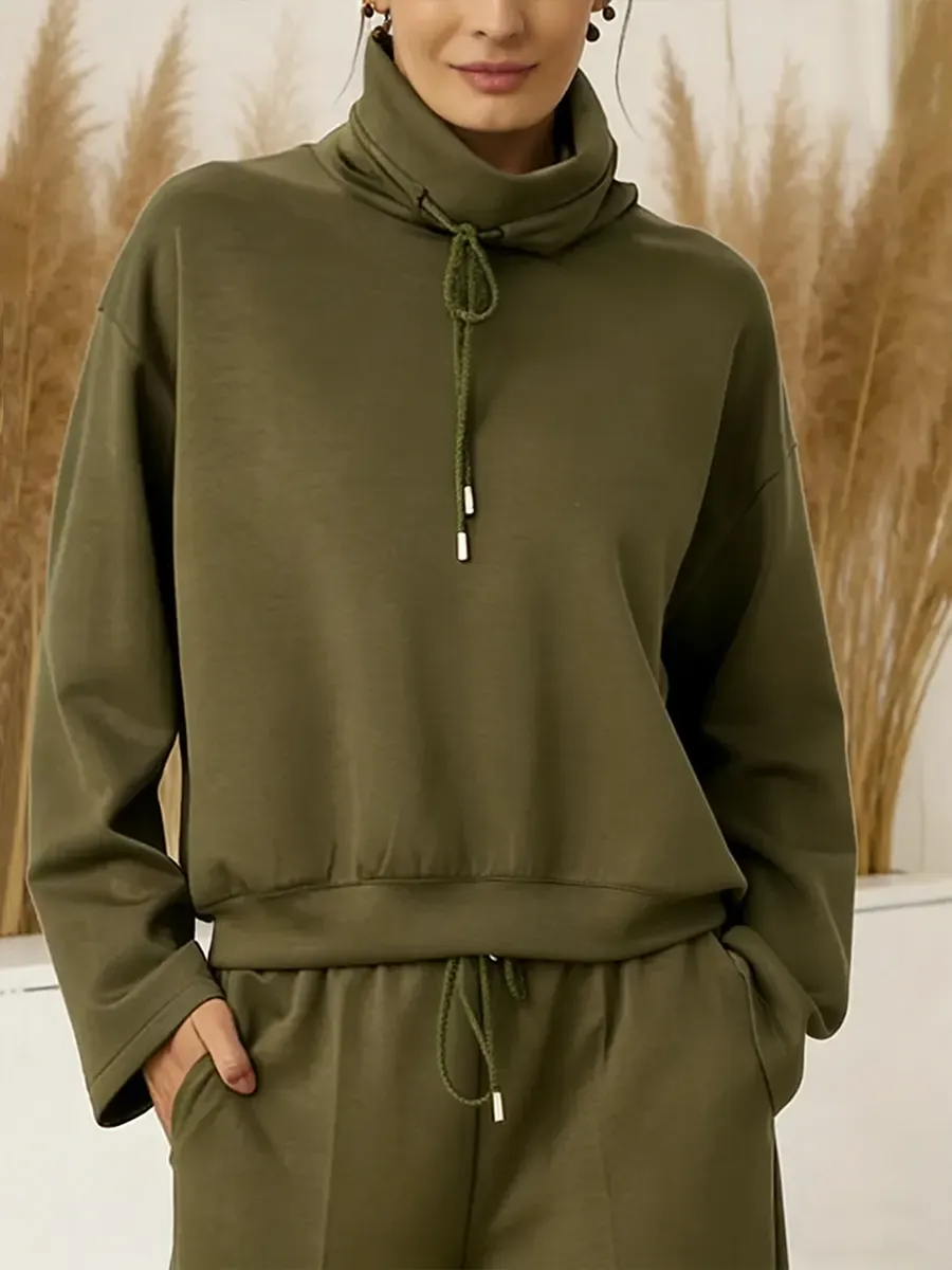 2026 Women's Solid Color High-neck Drawstring Long-sleeve Casual Loose-fitting Sweatshirt 2-piece Set