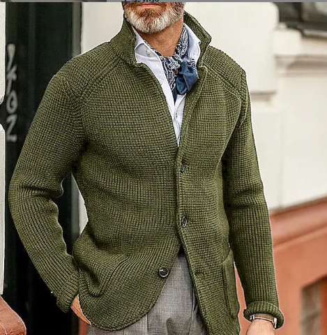 Stand Collar Knitted Coat Long Sleeve  Solid Color Thick Warm Casual Men's Outerwear