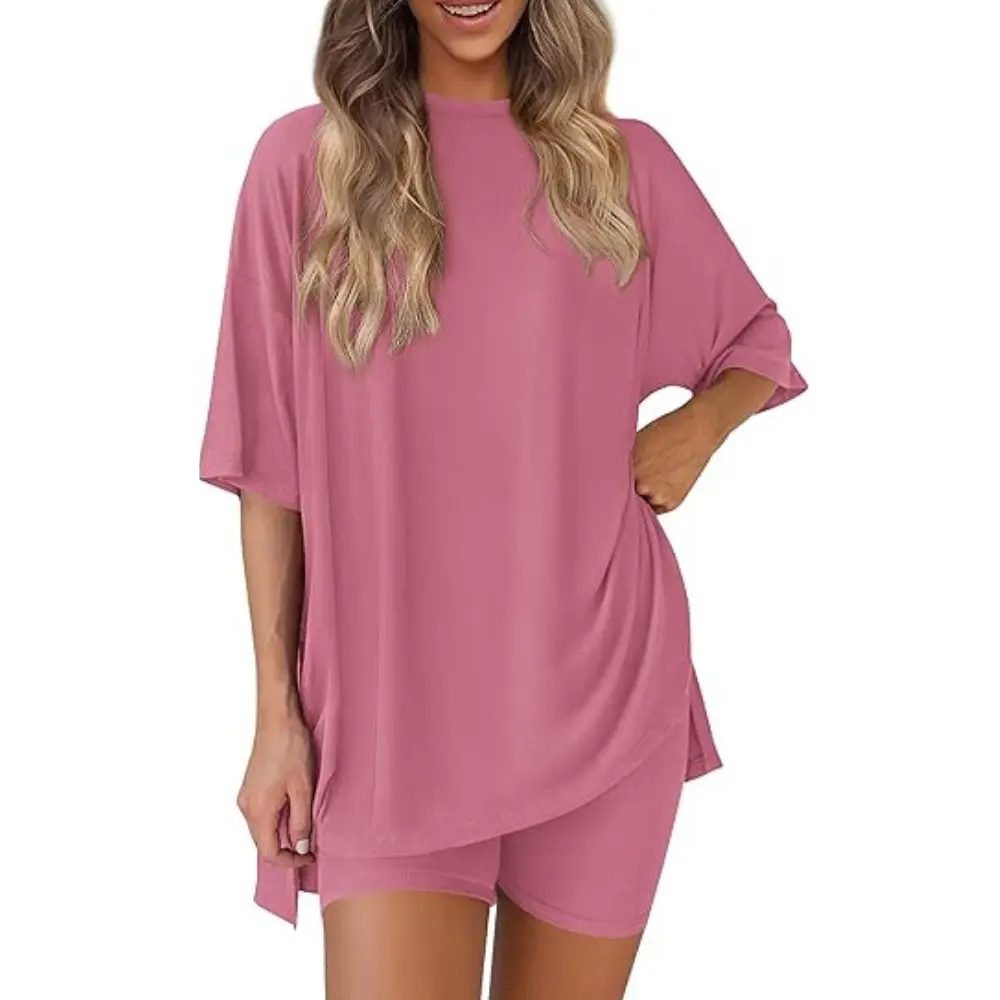 PRETTYGARDEN Women 2 Piece Lounge Set Summer Casual Oversized Shirts Biker Shorts Matching Airport Travel Outfit Clothes
