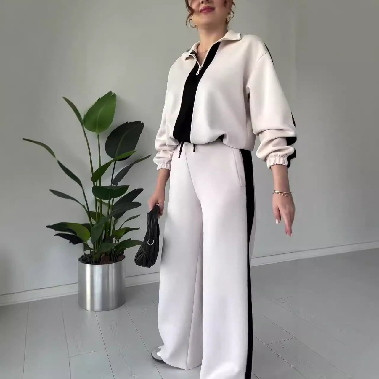 🔥Hot Sale🔥Women's Zipper Lapel Tops & Pants 2-Piece Set