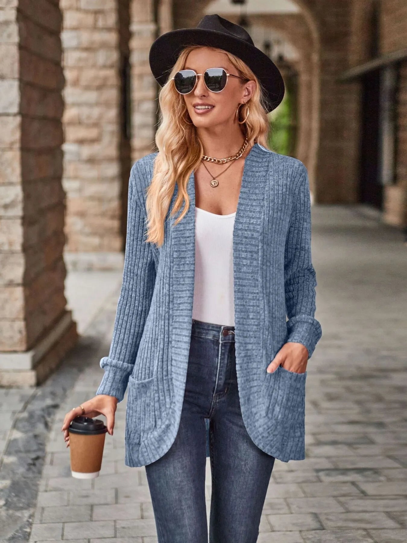 CLEARANCE🔥Ribbed Open Front Long Cardigan with Pockets
