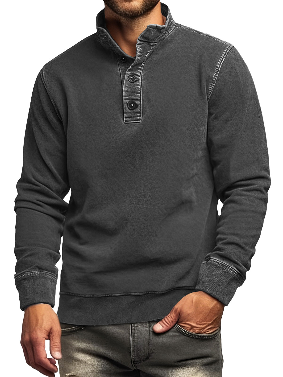 Men's Retro Casual Stand Collar Button Solid Color Sweatshirt