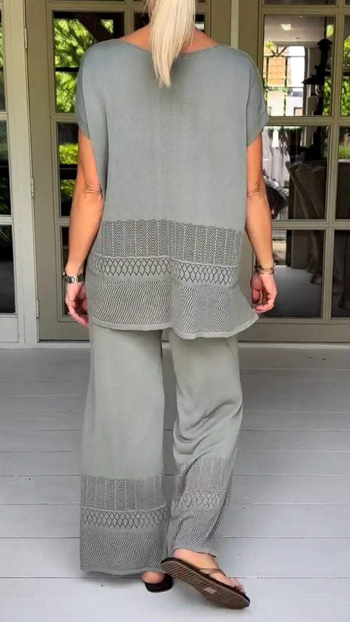 Women's round neck short sleeve hollow design two-piece suit