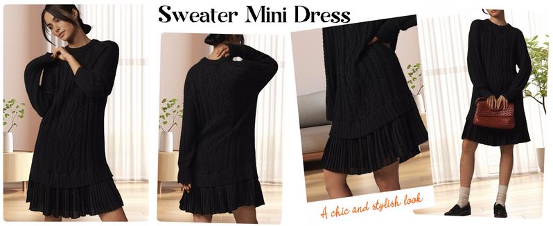 SKEJU Women Cable Knit Sweater Dress Crewneck Long Sleeve Pleated Mini Dress Twofer Style Patchwork Dress