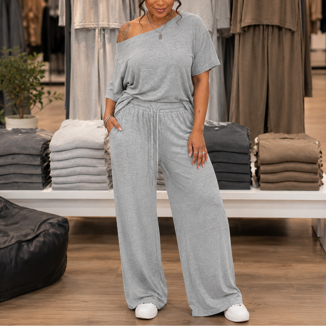 Draperline-Off-Shoulder Asymmetrical Top And Wide-Leg Pants Set