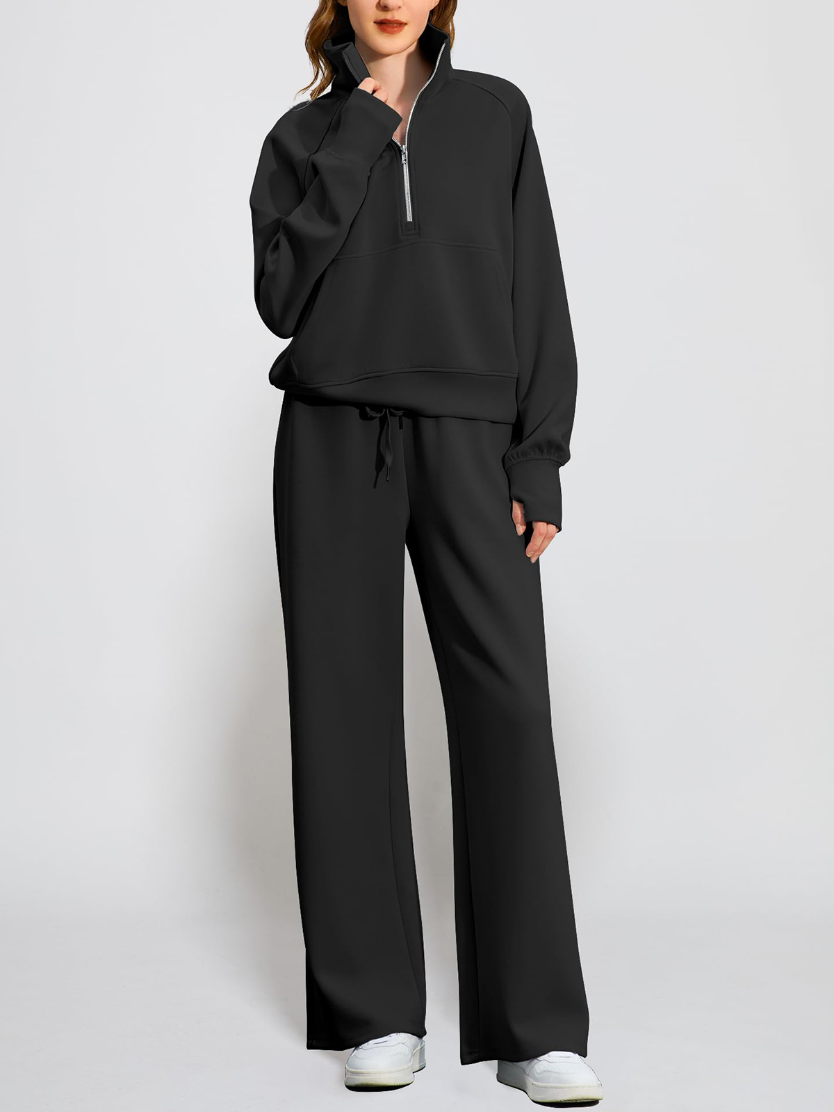 🔥Women's pure cotton loose-fitting half-zip two-piece sportswear set（Free delivery）