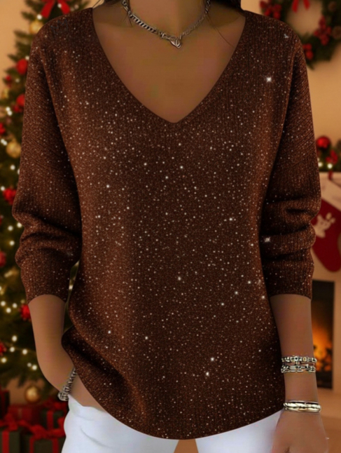 ⏰ LAST DAY 💥Women's Christmas Elegant V-neck Solid Color Loose Glossy Sweater