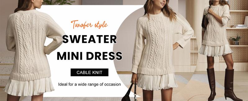 SKEJU Women Cable Knit Sweater Dress Crewneck Long Sleeve Pleated Mini Dress Twofer Style Patchwork Dress