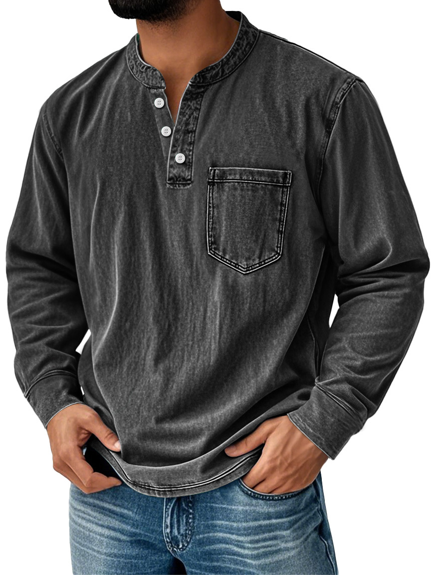 💫Clearance Sale🔥10-PACK FOR $31.99🔥Men's Retro Stand Collar Pocket Casual Distressed Long Sleeve Henley Shirt