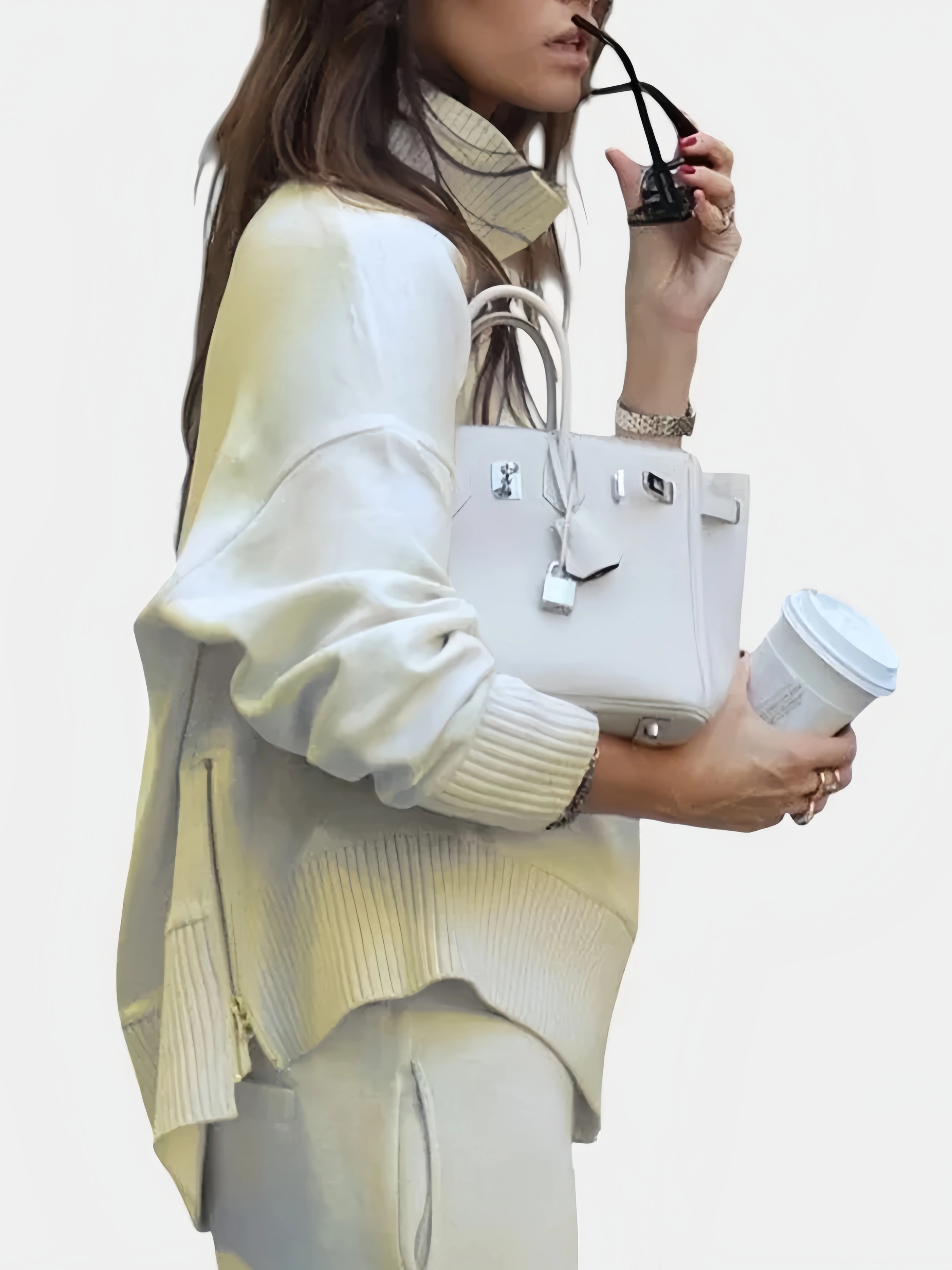 Apricot co-ord set worn outdoors with a tote bag