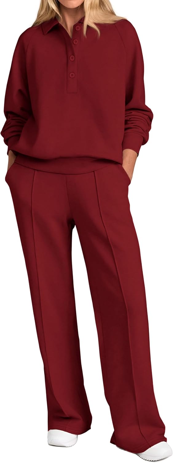 Women Fall 2 Piece Outfits Sweatsuits Quarter Button Long Sleeve Sweatshirt Wide Leg Pants Tracksuit Lounge Sets