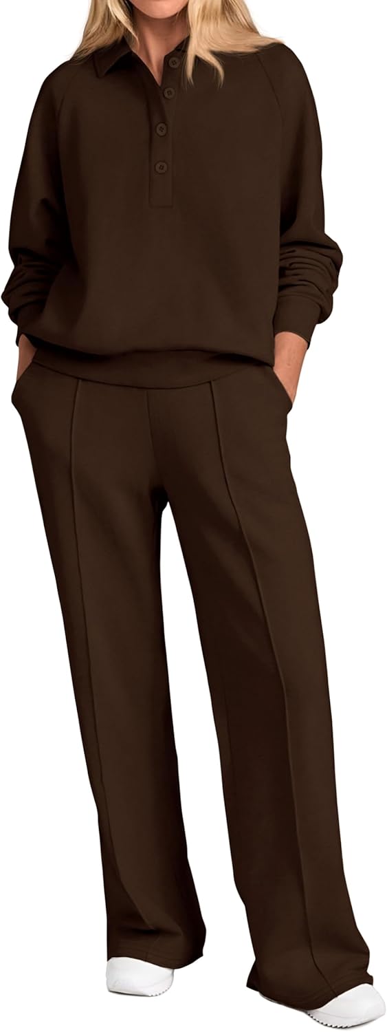 Women Fall 2 Piece Outfits Sweatsuits Quarter Button Long Sleeve Sweatshirt Wide Leg Pants Tracksuit Lounge Sets