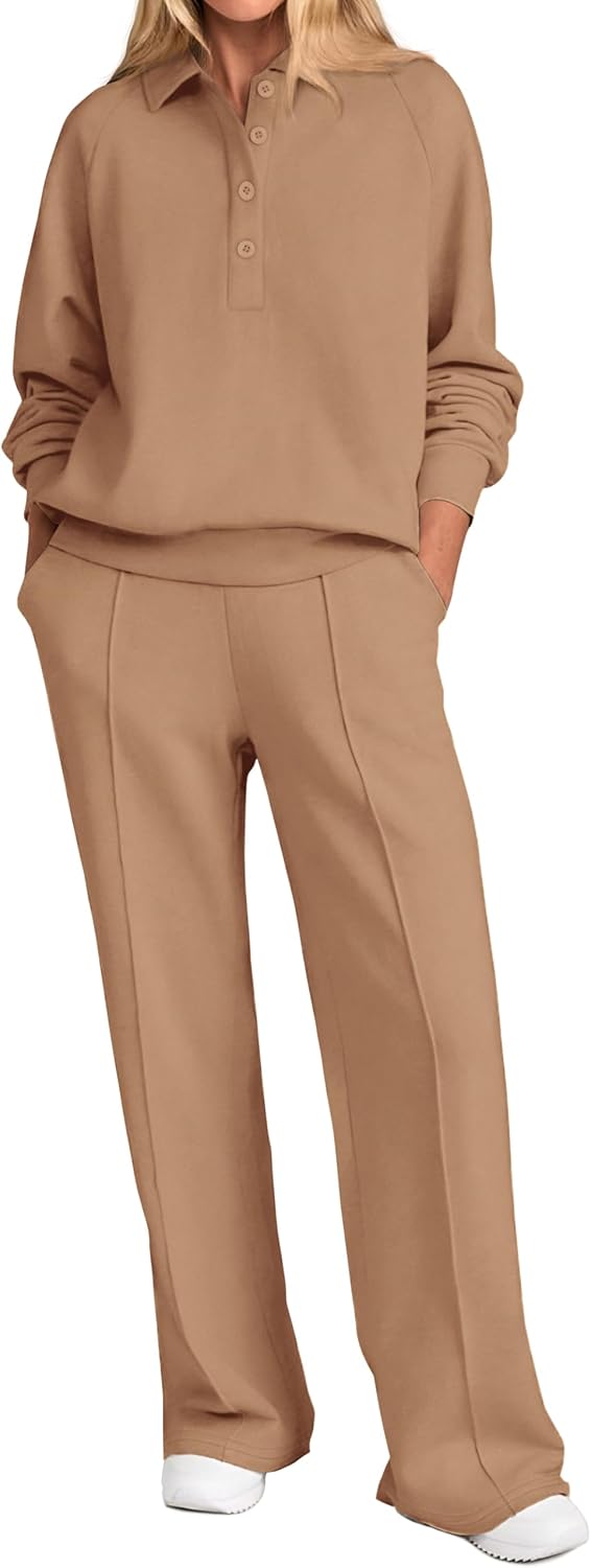 Women Fall 2 Piece Outfits Sweatsuits Quarter Button Long Sleeve Sweatshirt Wide Leg Pants Tracksuit Lounge Sets