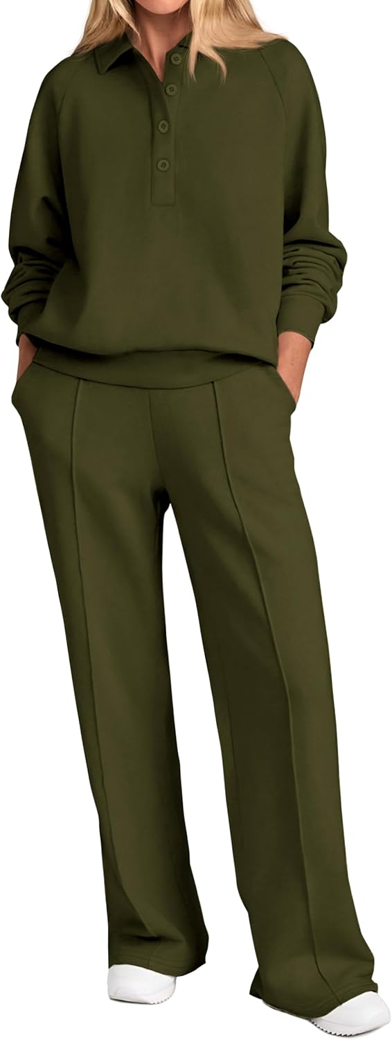 Women Fall 2 Piece Outfits Sweatsuits Quarter Button Long Sleeve Sweatshirt Wide Leg Pants Tracksuit Lounge Sets