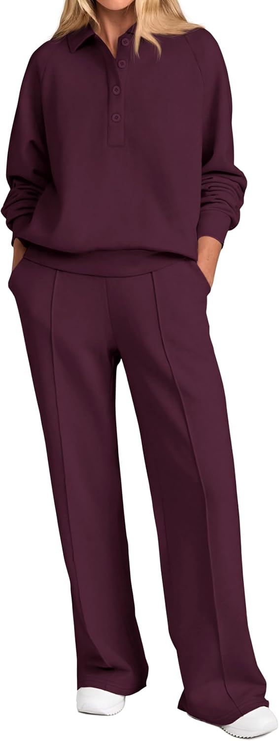 Women Fall 2 Piece Outfits Sweatsuits Quarter Button Long Sleeve Sweatshirt Wide Leg Pants Tracksuit Lounge Sets