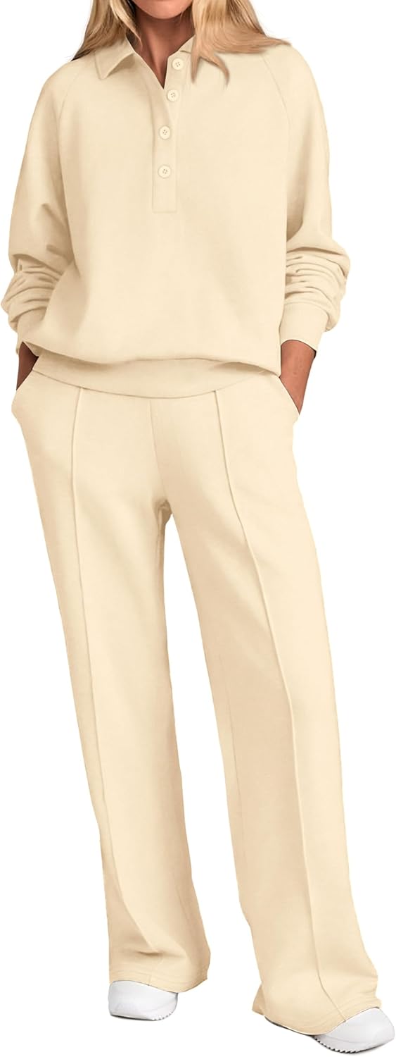Women Fall 2 Piece Outfits Sweatsuits Quarter Button Long Sleeve Sweatshirt Wide Leg Pants Tracksuit Lounge Sets